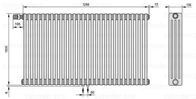 Схема (чертеж) Радиатор Zehnder Charleston 4180/28 №V007 Белый глянцевый RAL 9016
